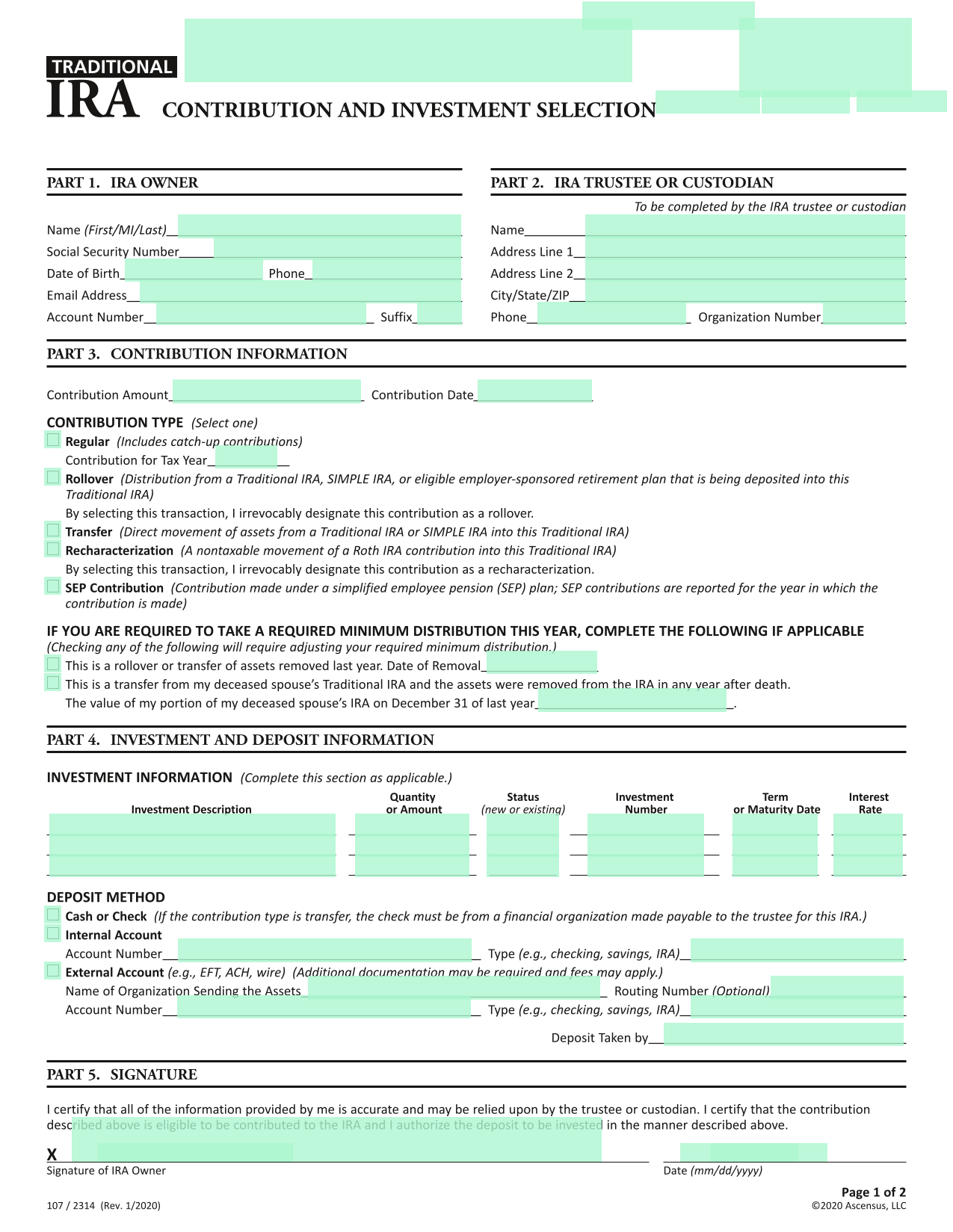 Traditional IRA Contribution And Investment Selection Form screenshot