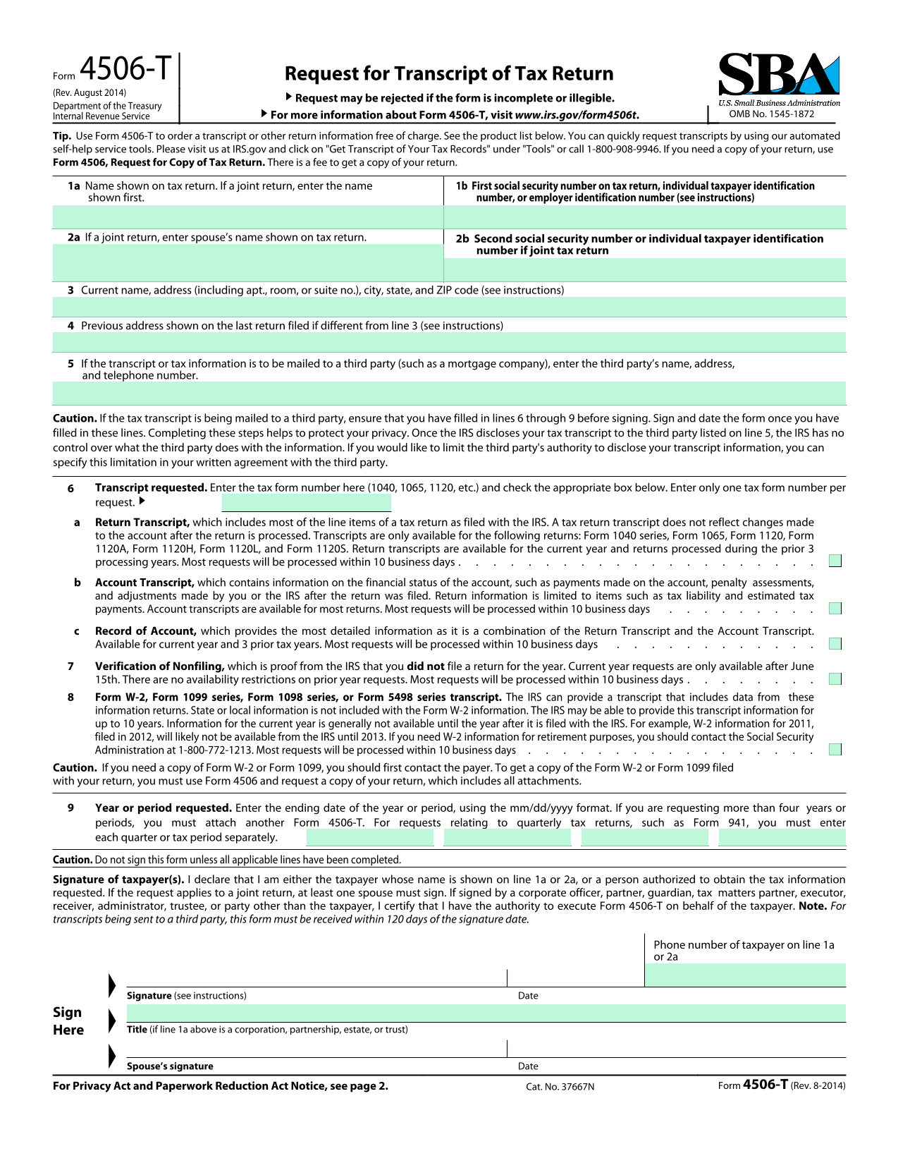 Form 4506 T screenshot