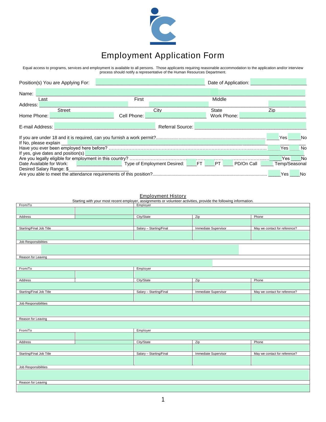 Employment Application Form screenshot