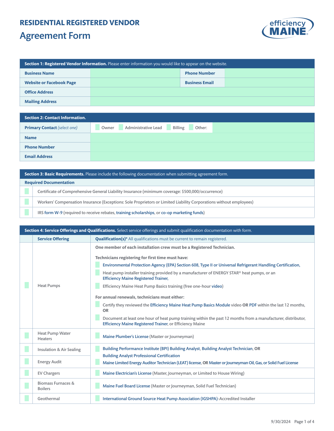 Residential Registered Vendor Agreement Form screenshot