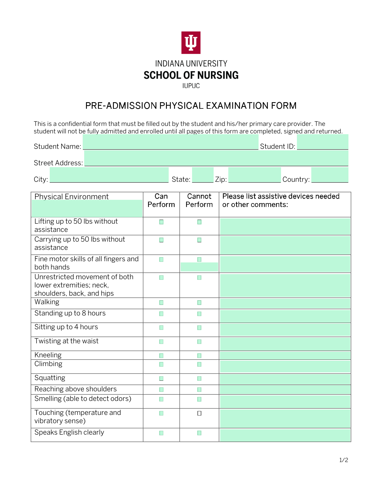 PRE ADMISSION PHYSICAL EXAMINATION FORM screenshot