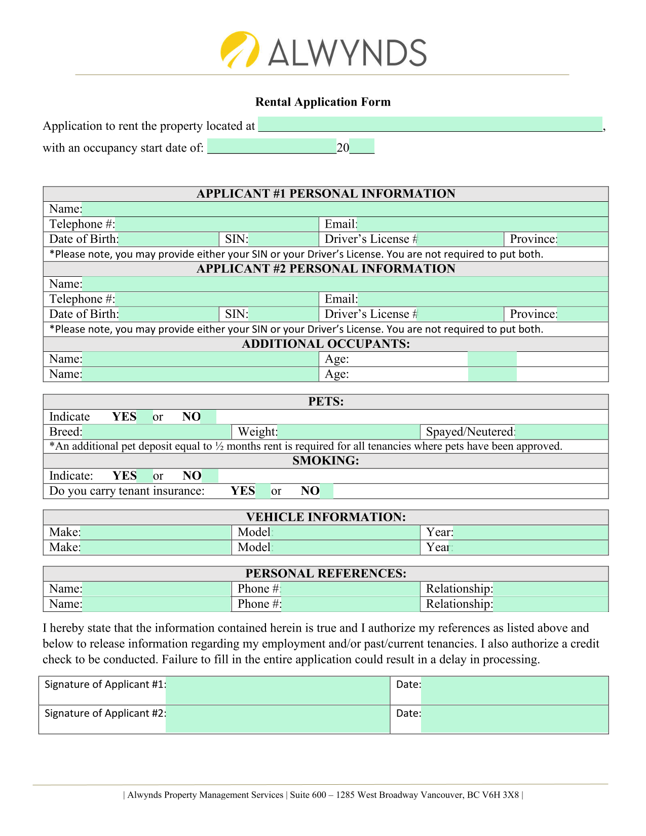 Rental Application Form screenshot