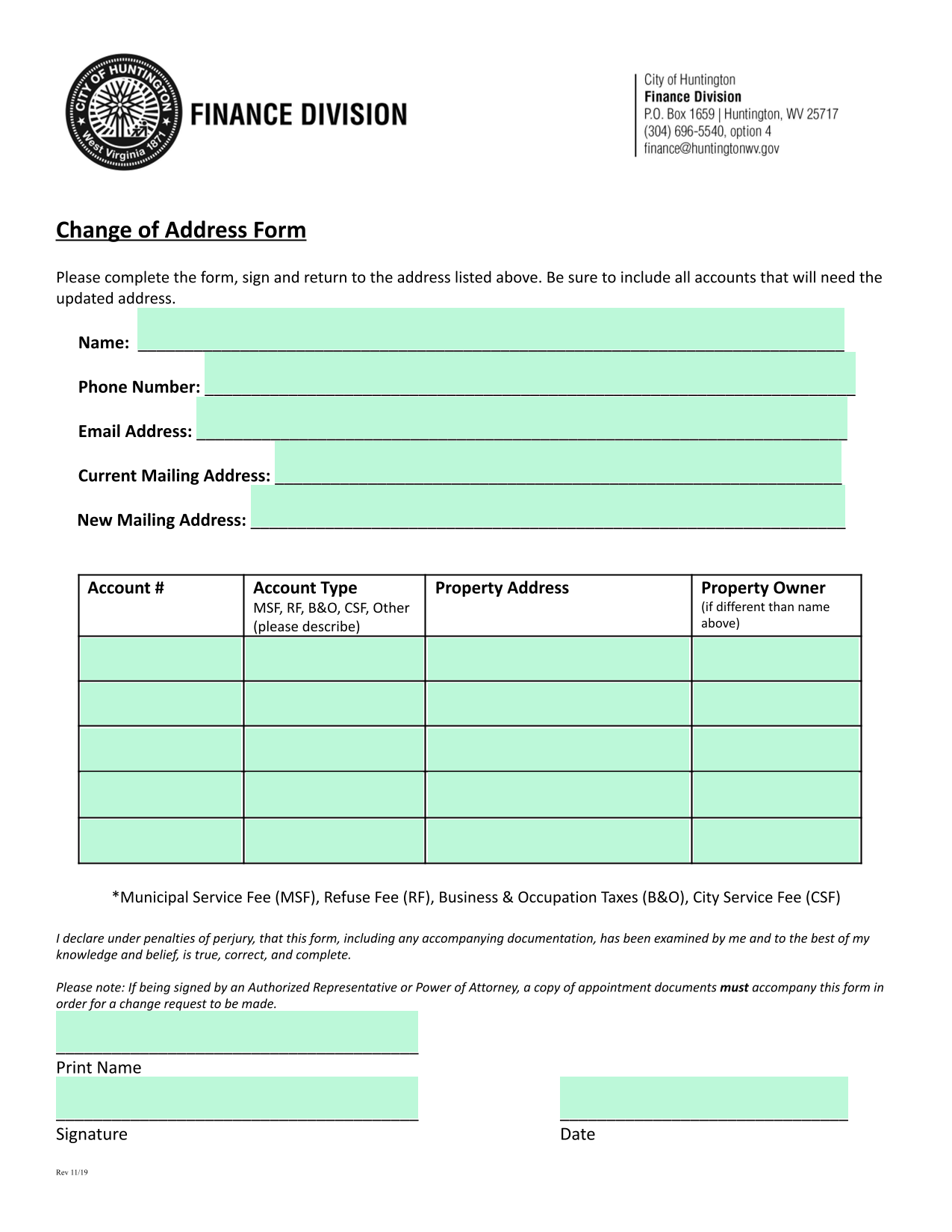 Change Of Address Form screenshot
