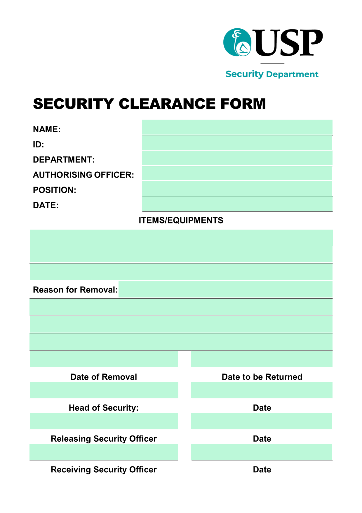 Security Clearance Form screenshot