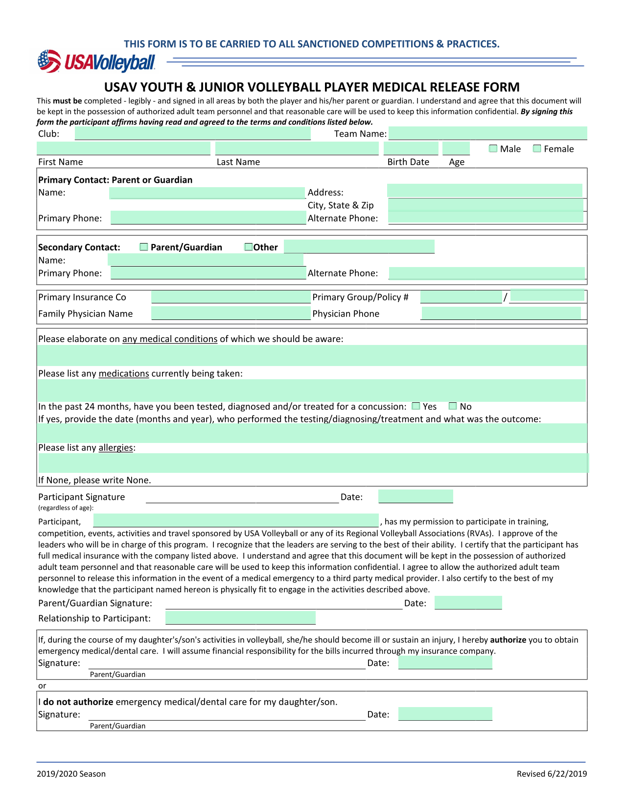 USAV YOUTH  JUNIOR VOLLEYBALL PLAYER MEDICAL RELEASE FORM screenshot