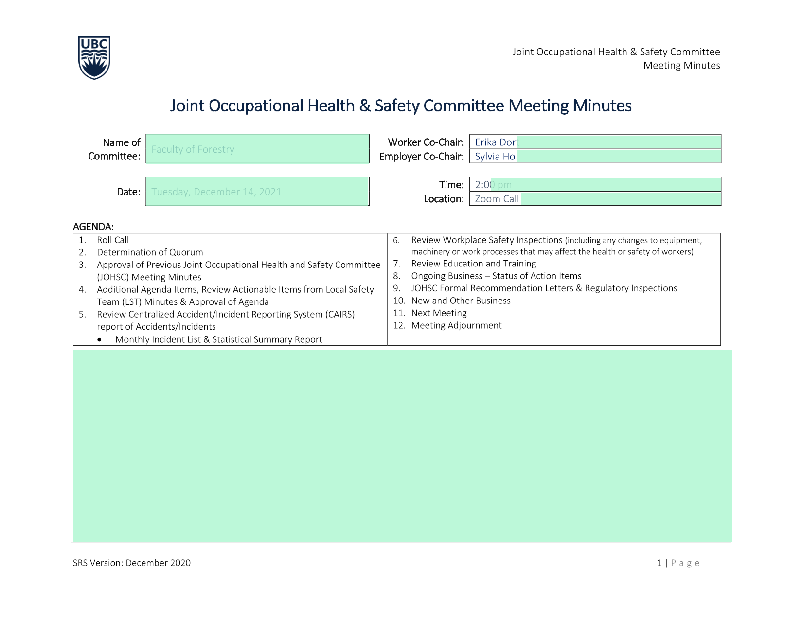 Joint Occupational Health  Safety Committee Meeting Minutes screenshot