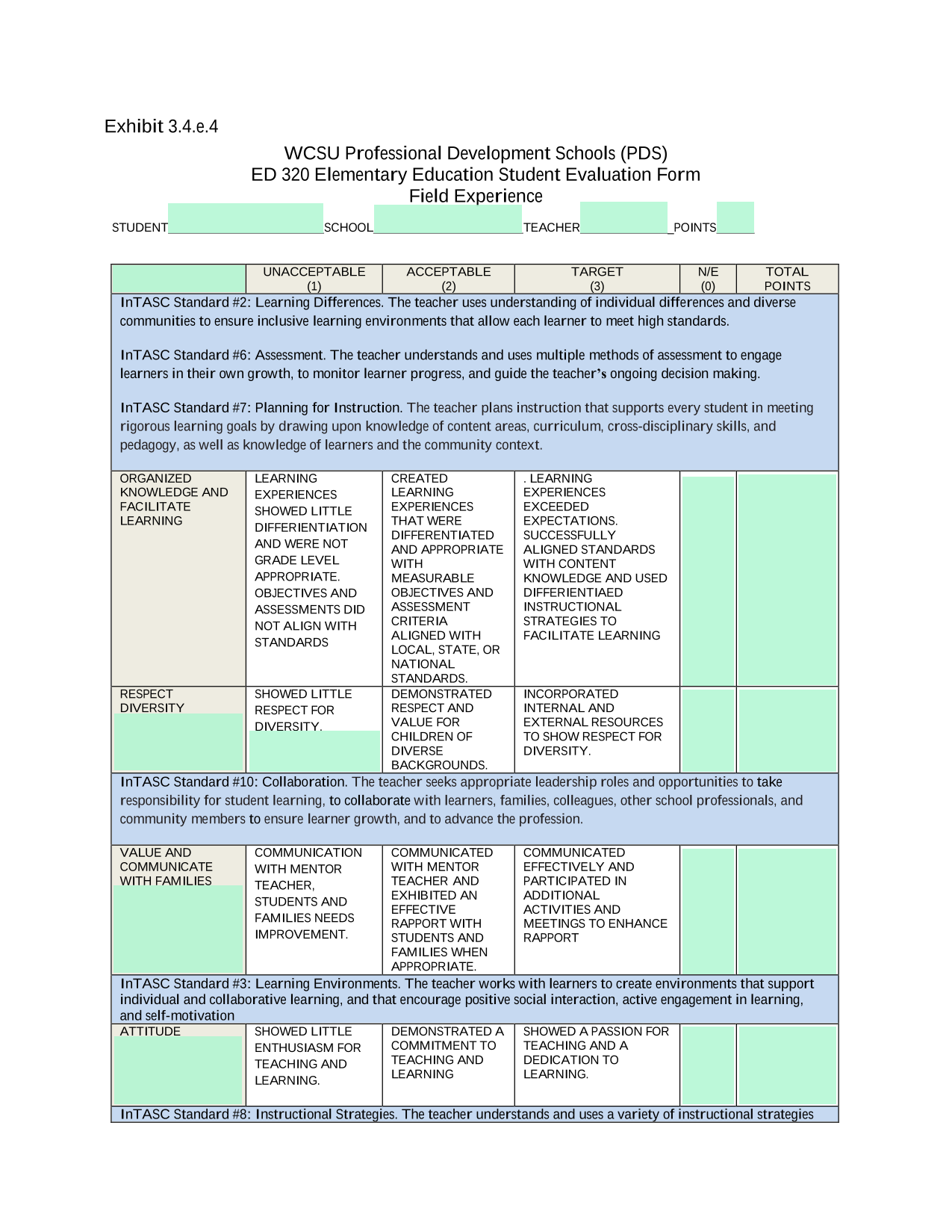 WCSU Professional Development Schools (PDS) ED 320 Elementary Education Student Evaluation Form screenshot
