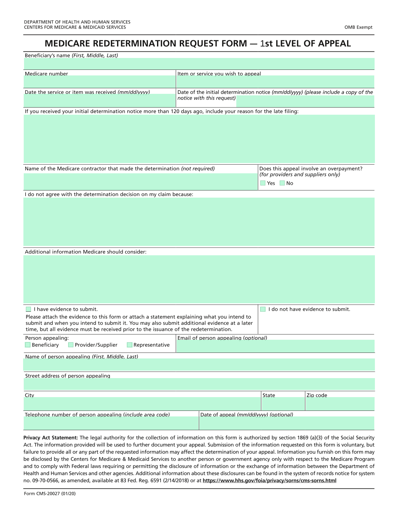 Medicare Redetermination Request Form (1st Level Of Appeal) screenshot