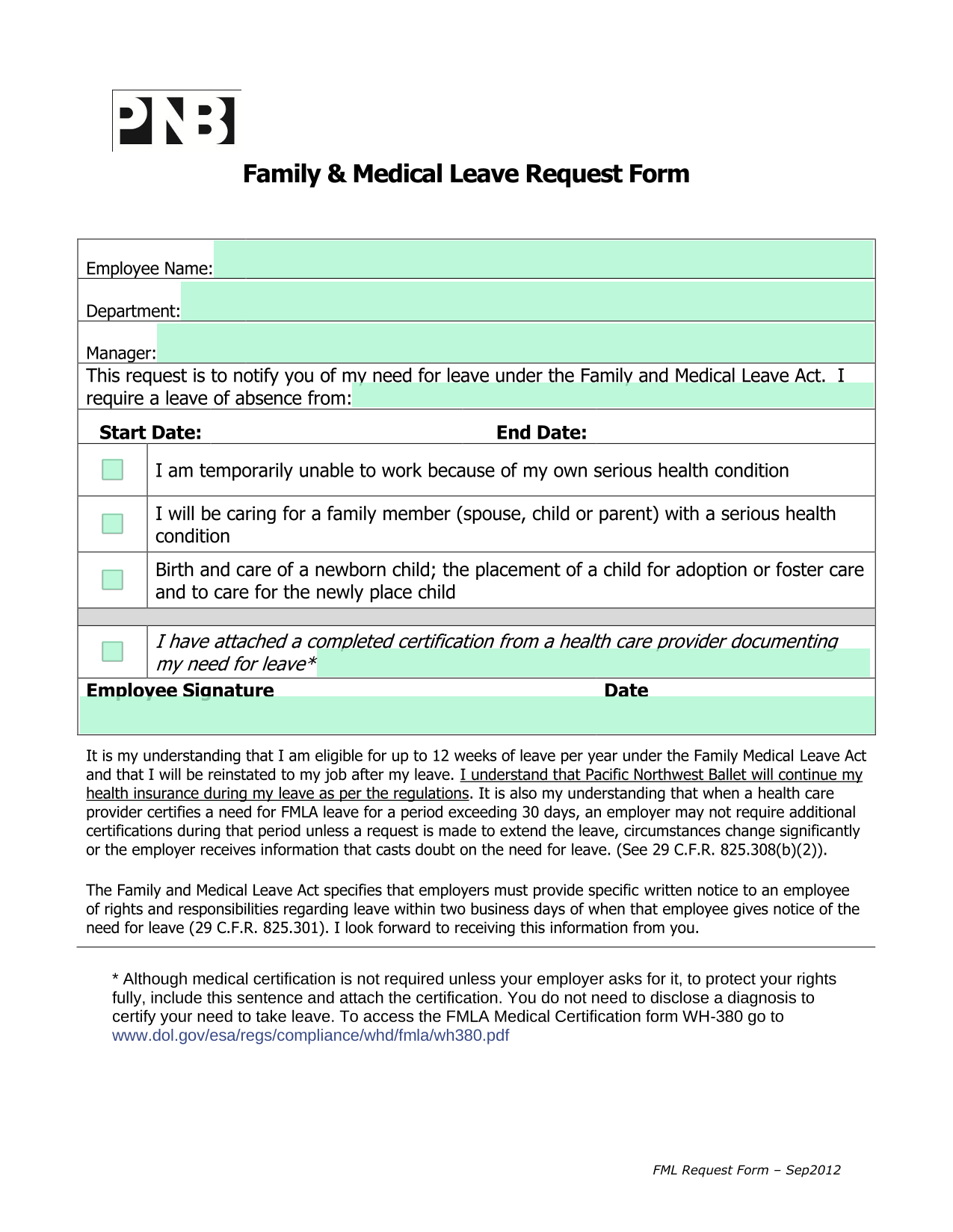 Family  Medical Leave Request Form screenshot