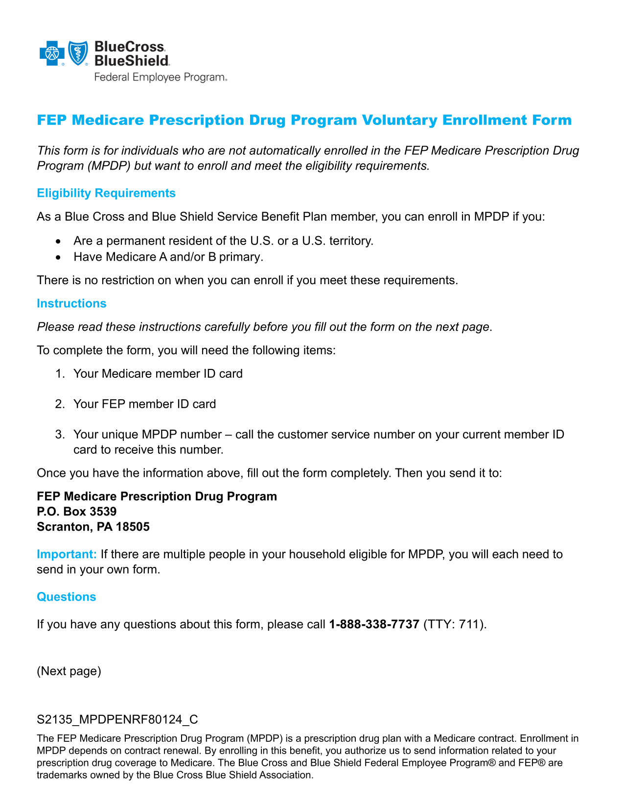 FEP Medicare Prescription Drug Program Voluntary Enrollment Form screenshot