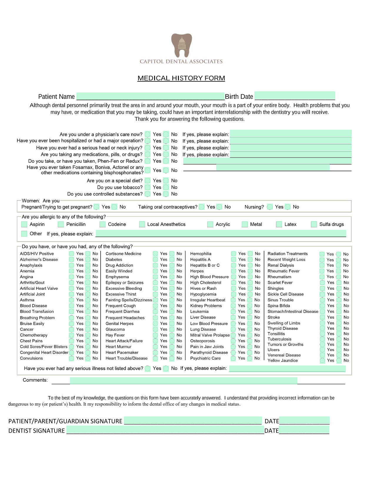 MEDICAL HISTORY FORM screenshot