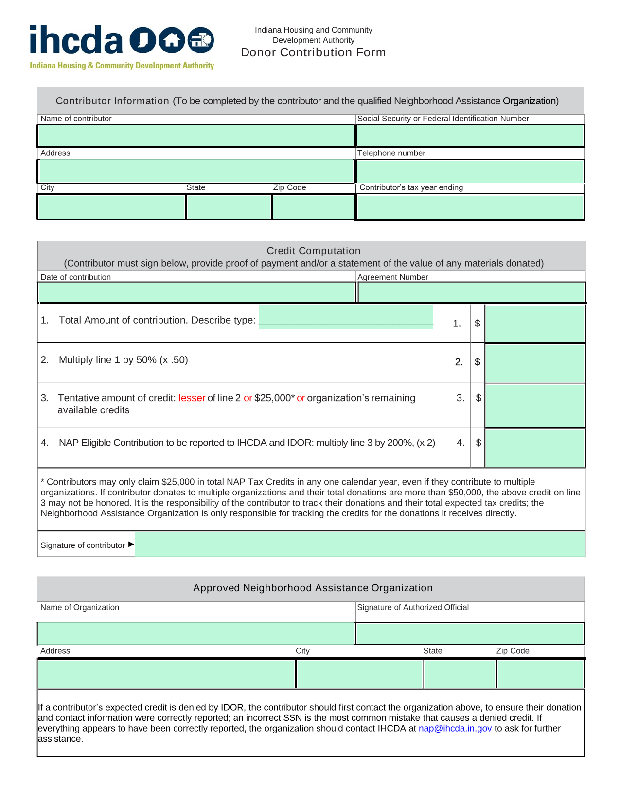 Indiana Housing And Community Development Authority Donor Contribution Form screenshot