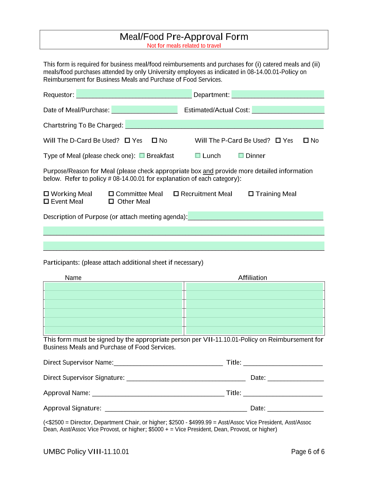 MealFood Pre Approval Form screenshot