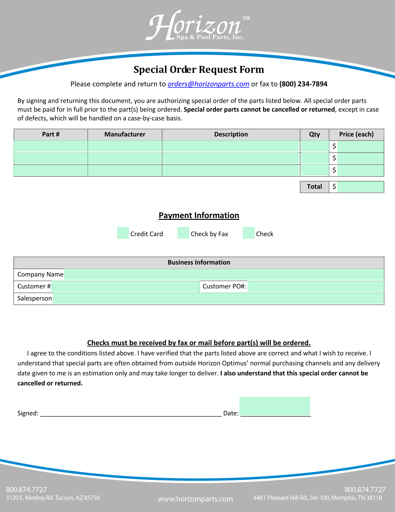 Special Order Request Form screenshot
