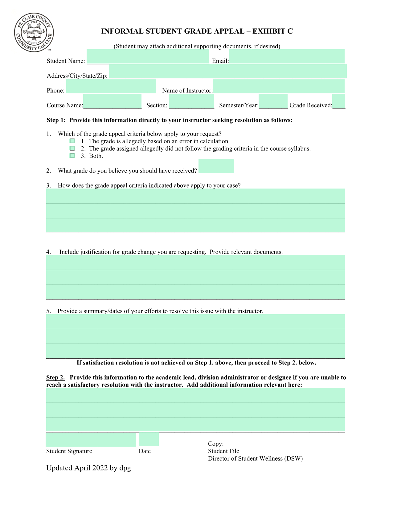 Informal Student Grade Appeal  Exhibit C screenshot