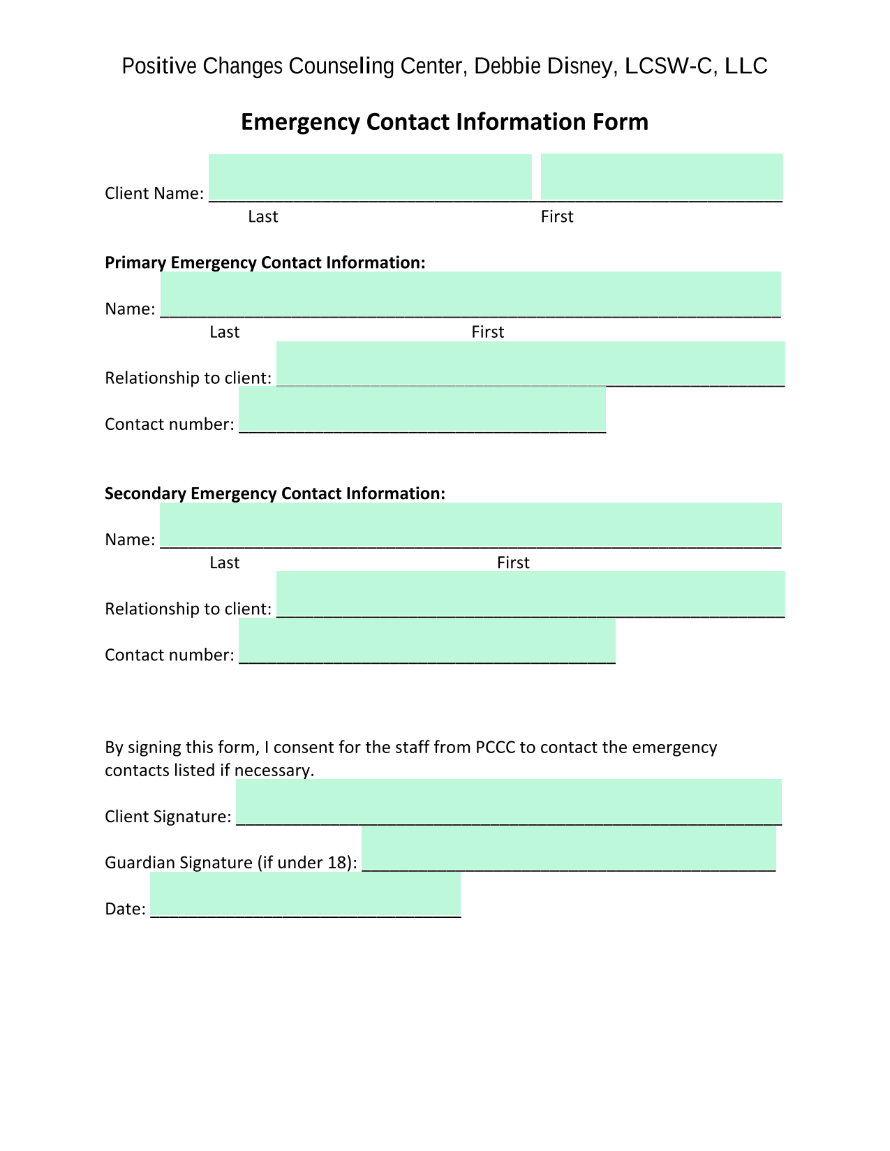 Emergency Contact Information Form screenshot