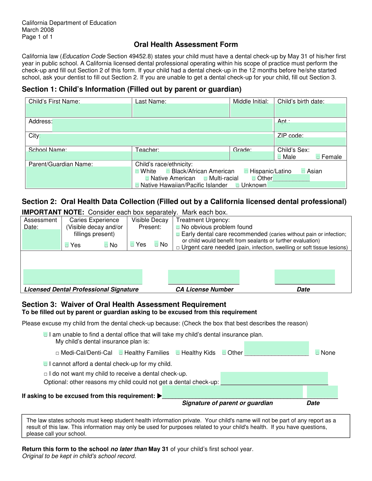 Oral Health Assessment Form screenshot