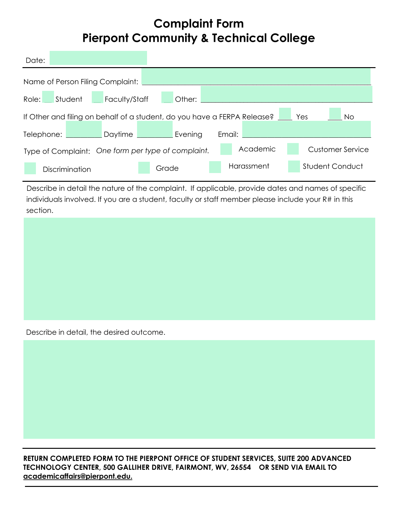 Complaint Form screenshot