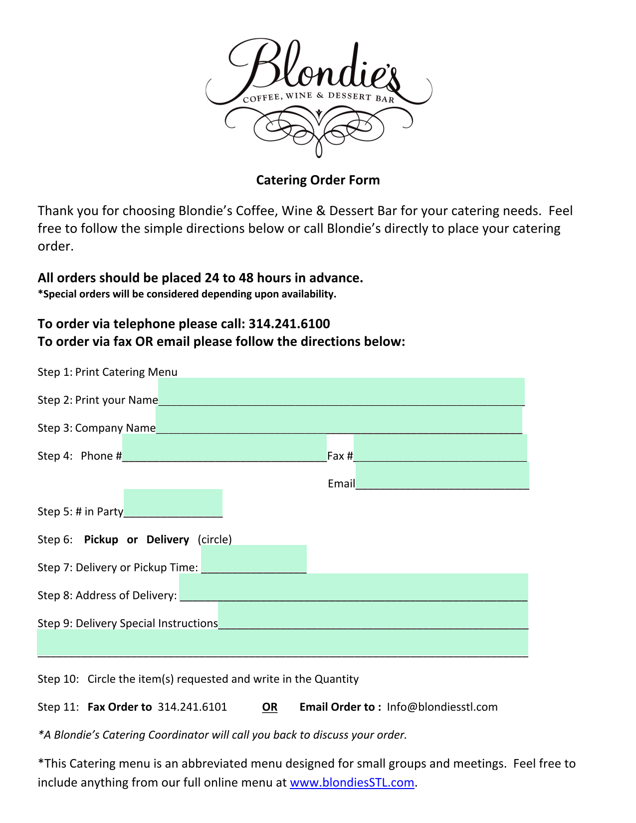 Catering Order Form screenshot