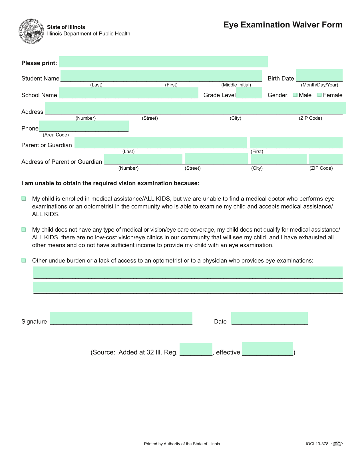 Eye Examination Waiver Form screenshot