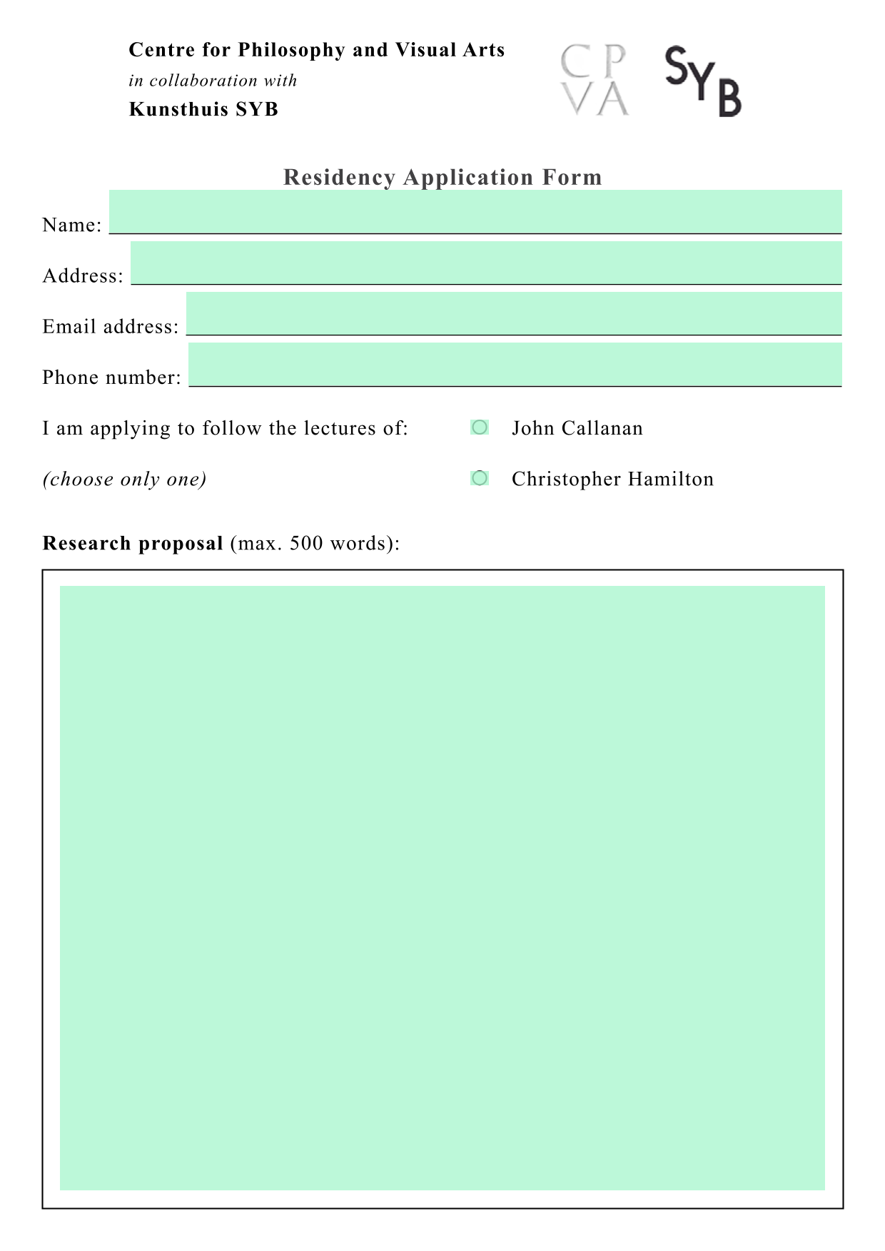 Residency Application Form screenshot