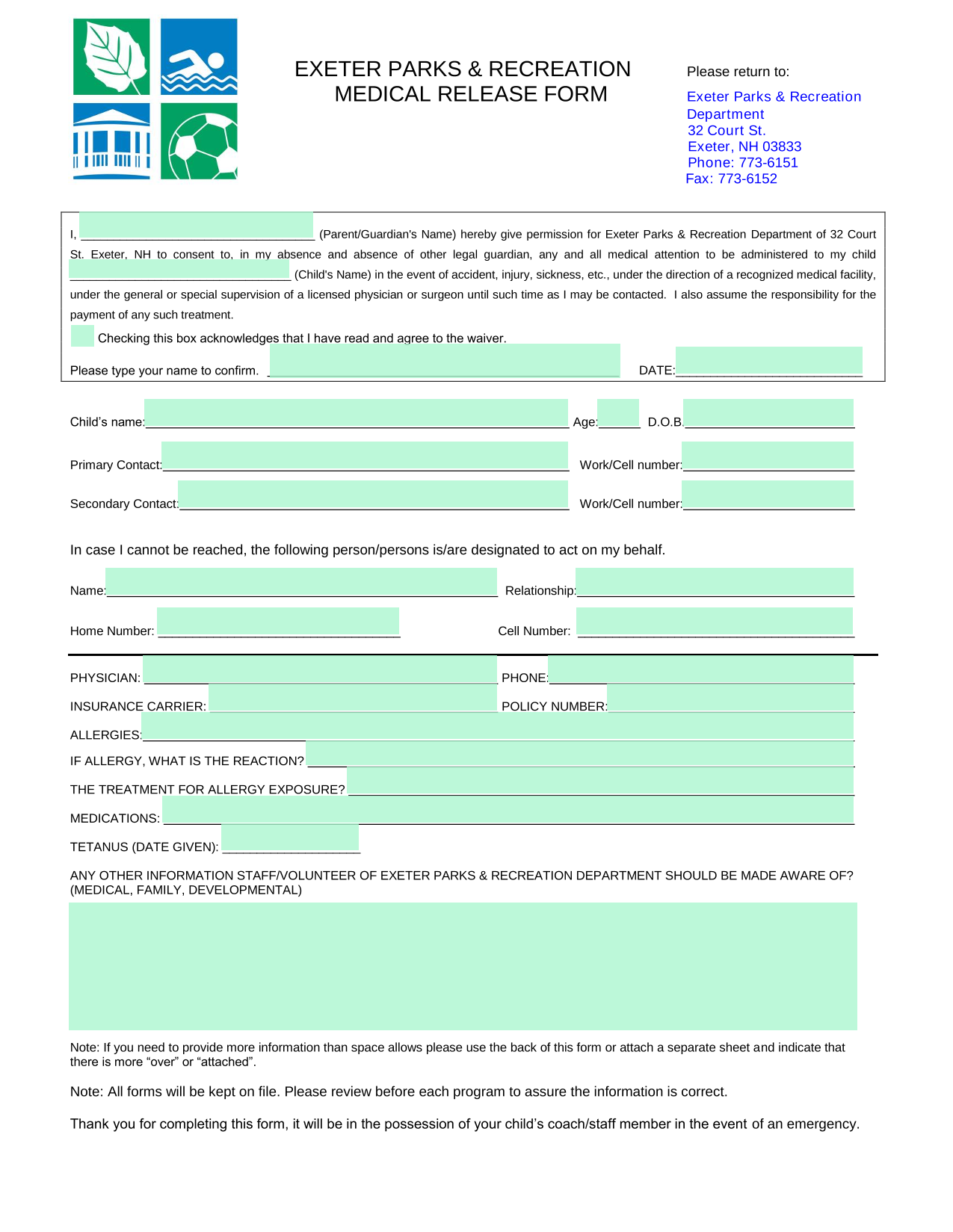 Medical Release Form screenshot