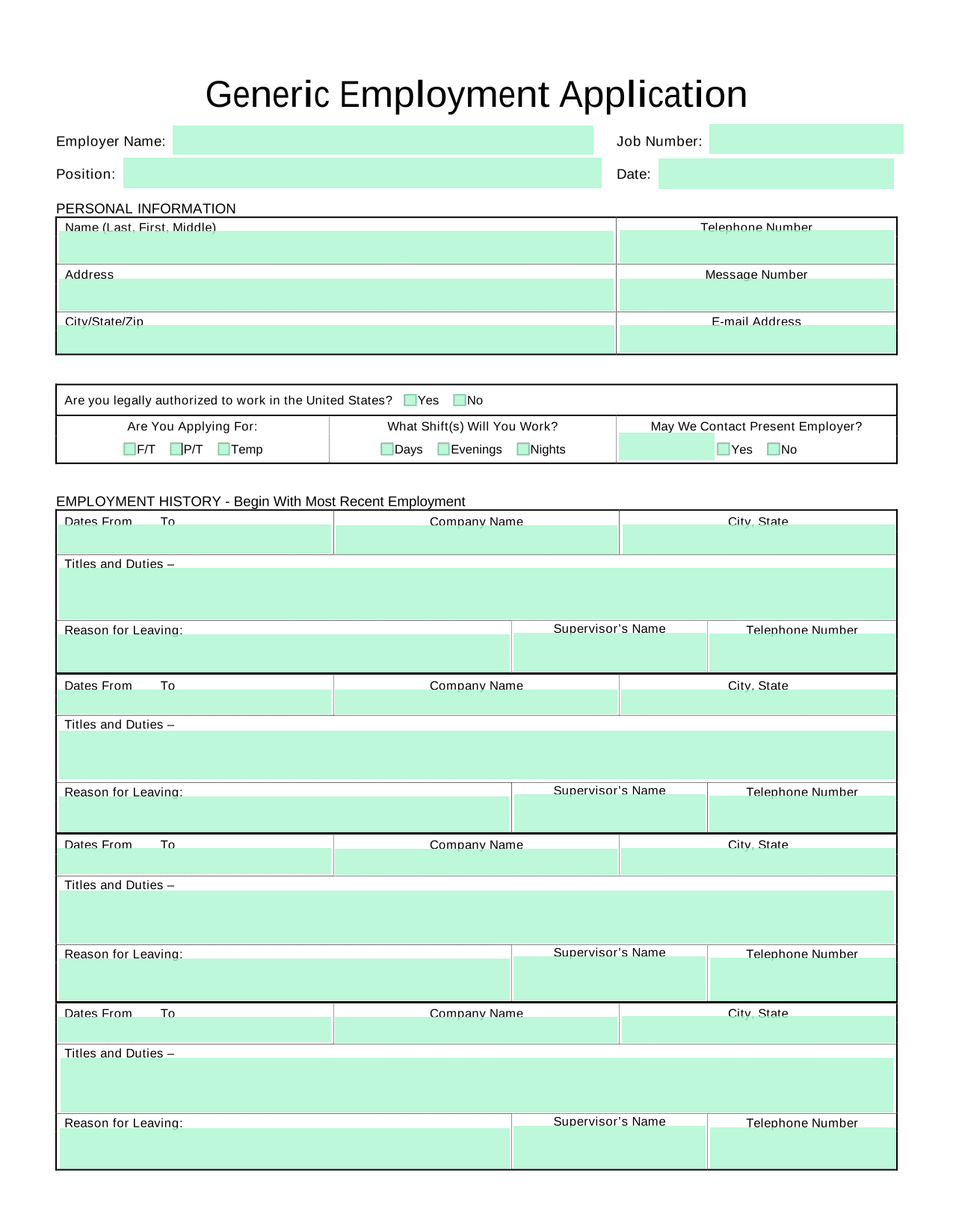 Generic Employment Application screenshot