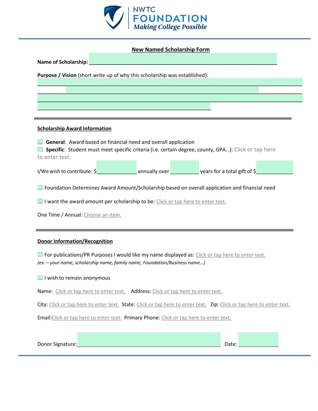 New Named Scholarship Form screenshot