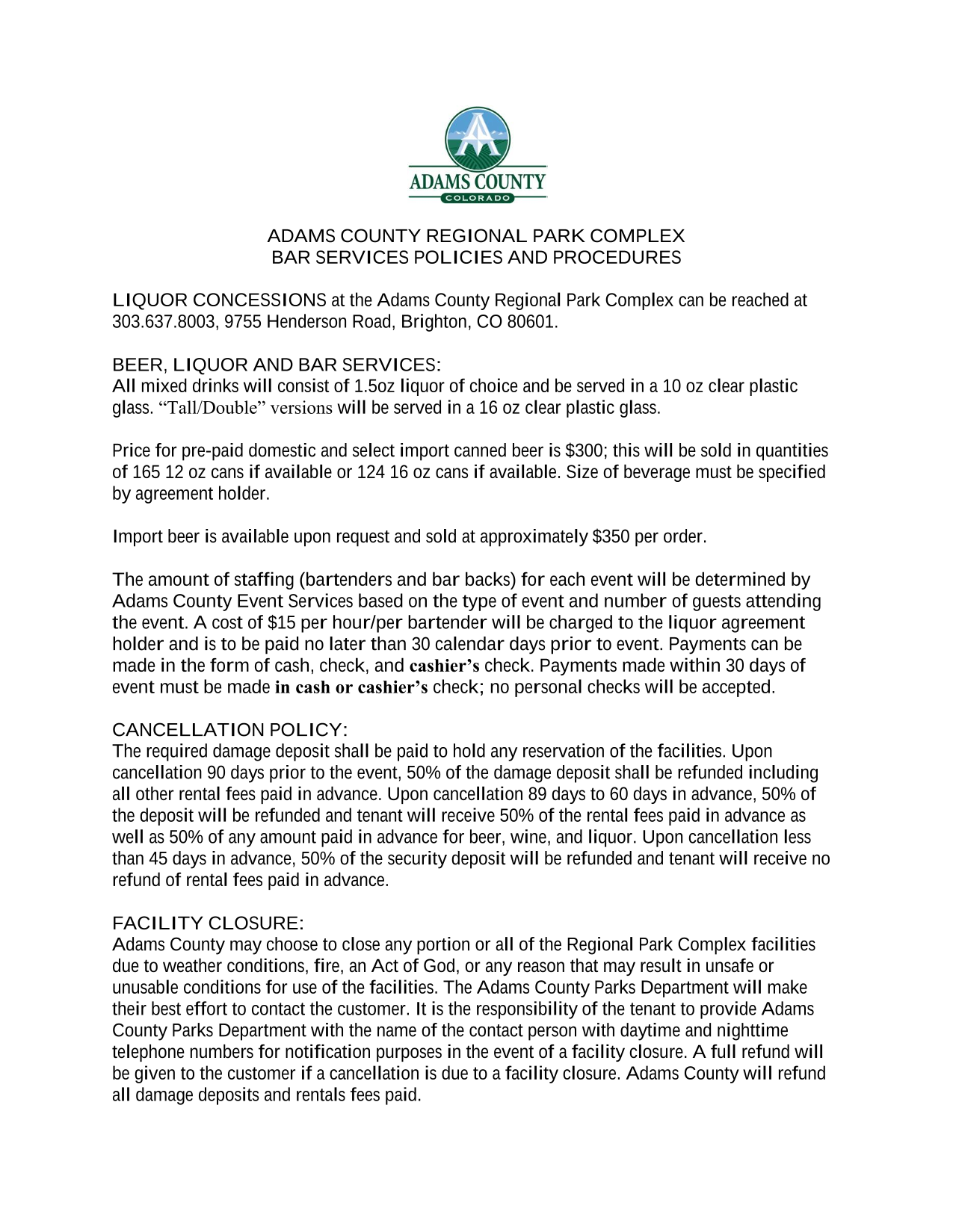 ADAMS COUNTY REGIONAL PARK COMPLEX BAR SERVICES POLICIES AND PROCEDURES screenshot