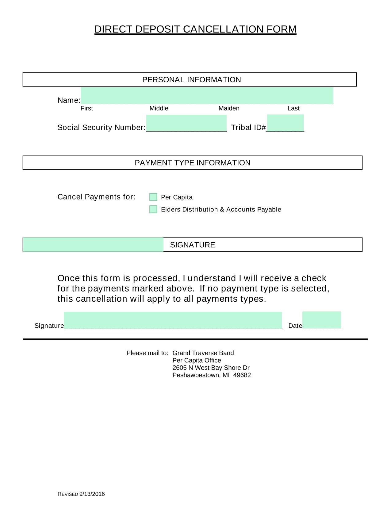 DIRECT DEPOSIT CANCELLATION FORM screenshot