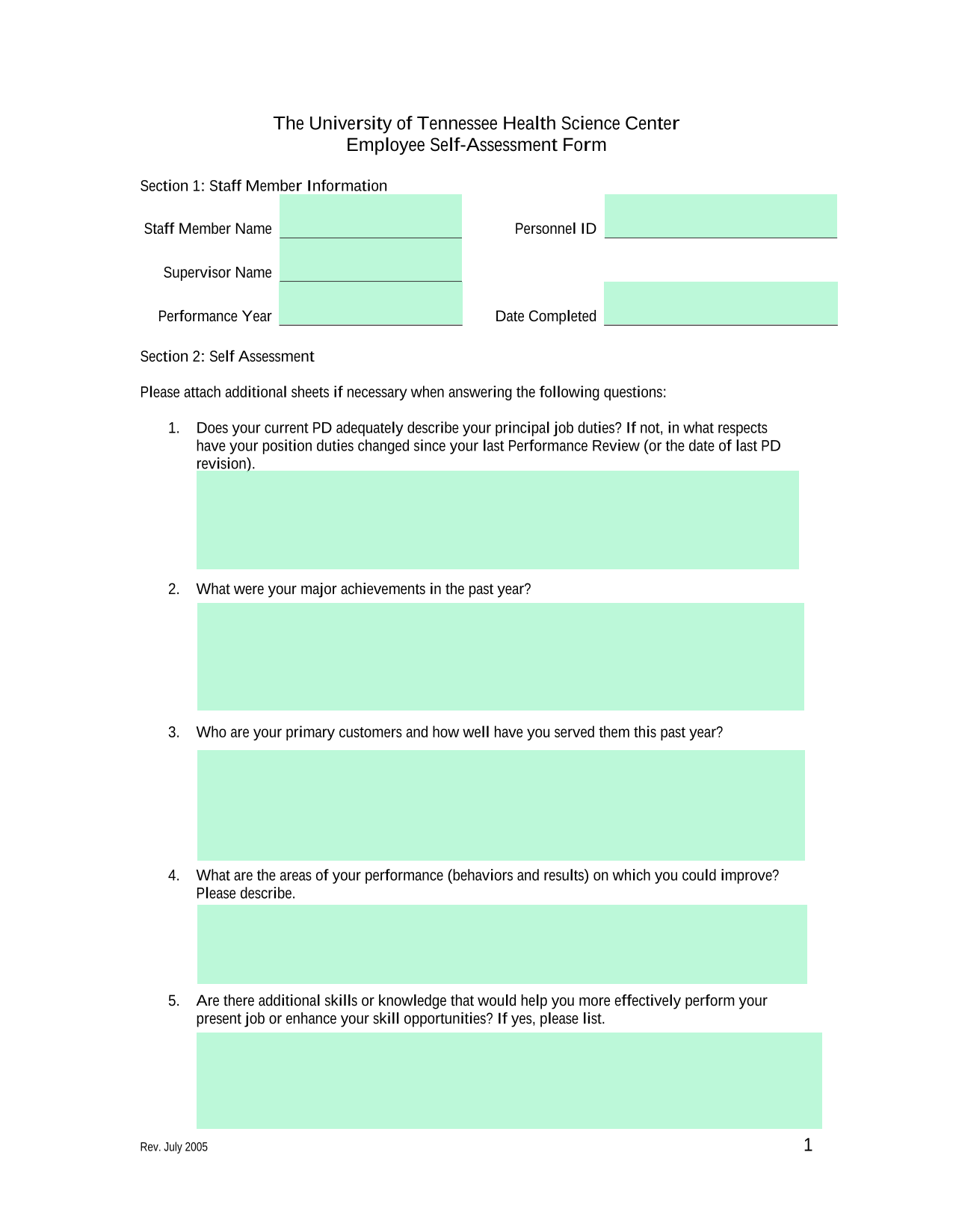 Employee Self Assessment Form screenshot