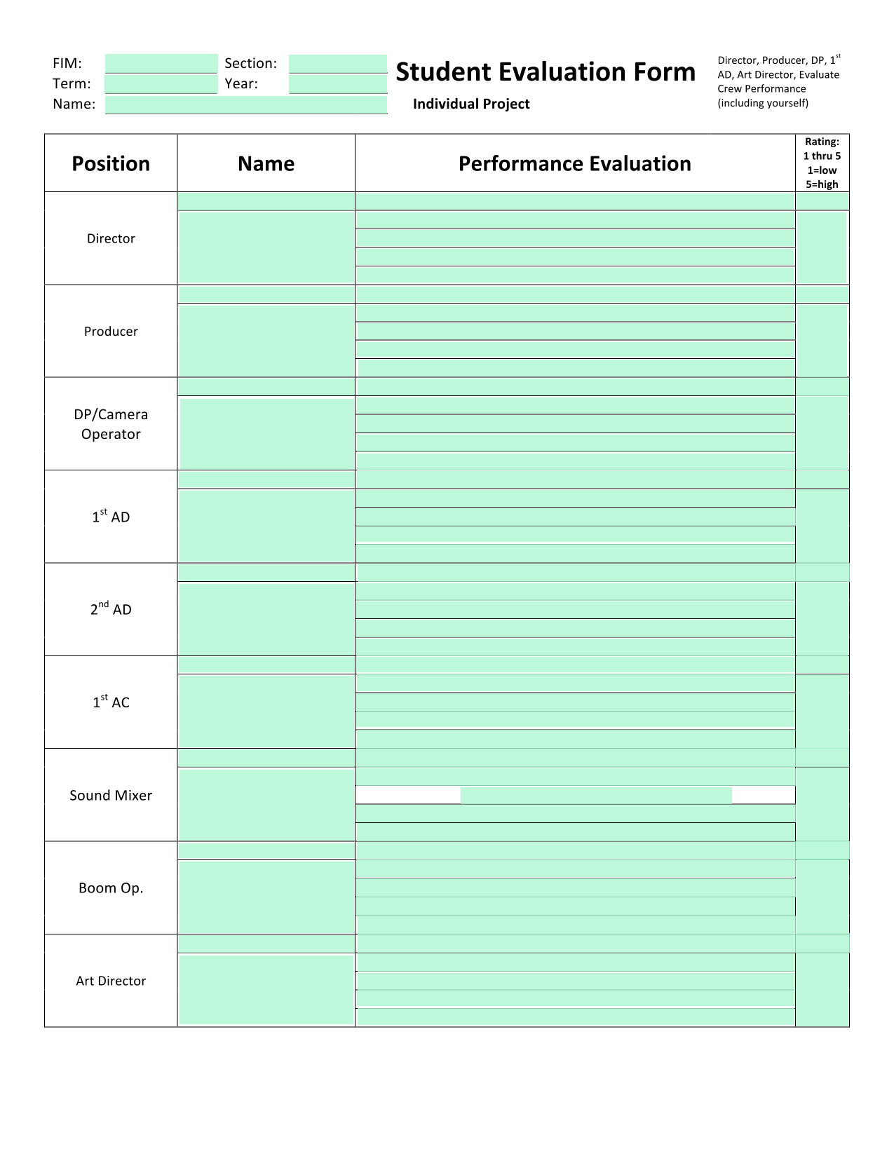 Student Evaluation Form screenshot