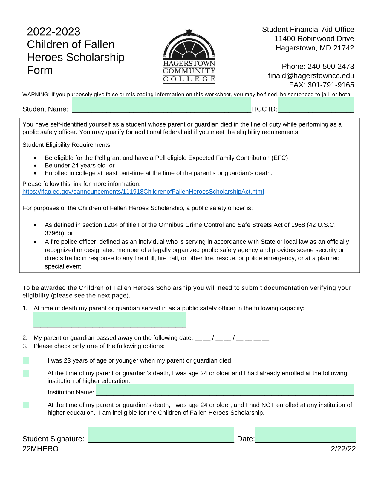 Children Of Fallen Heroes Scholarship Form screenshot