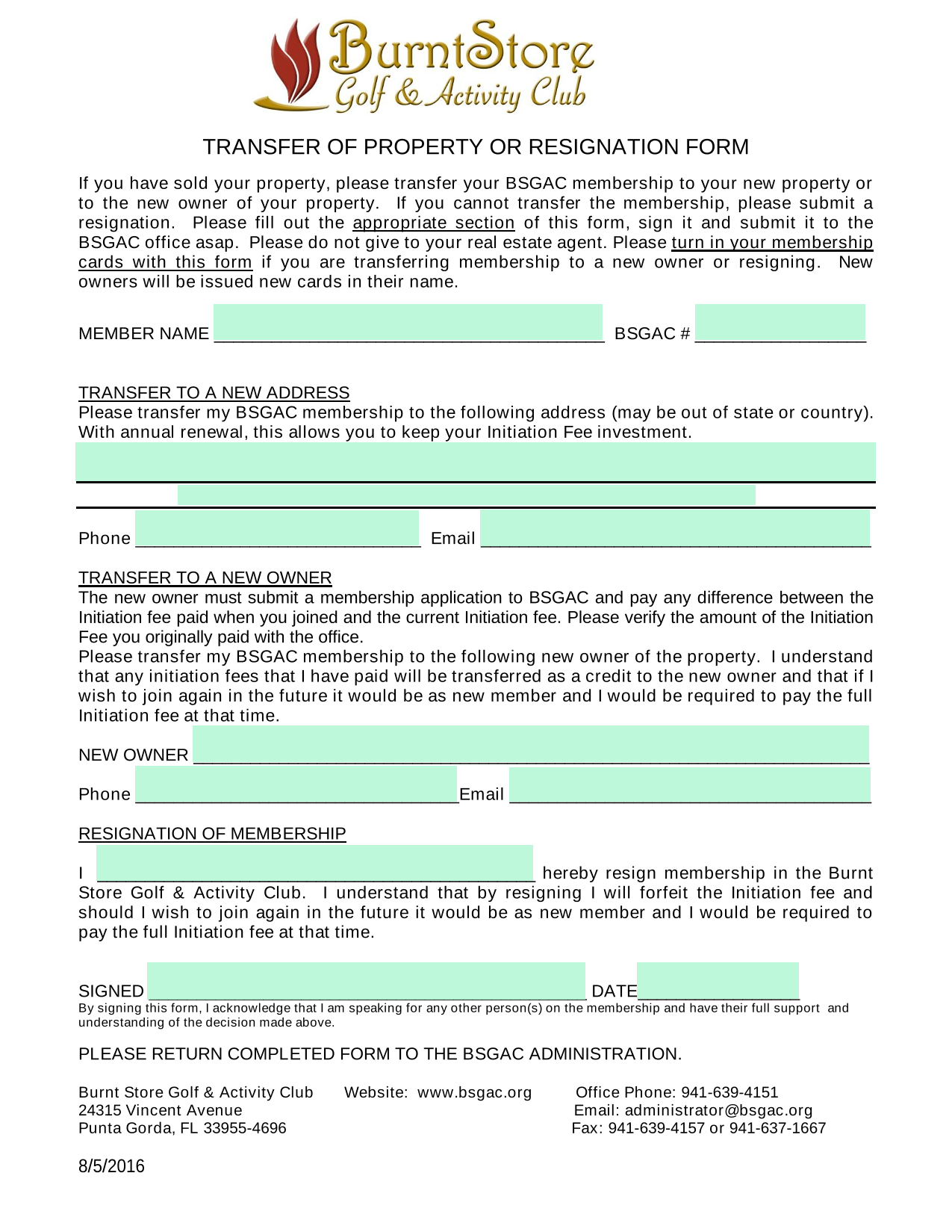 TRANSFER OF PROPERTY OR RESIGNATION FORM screenshot
