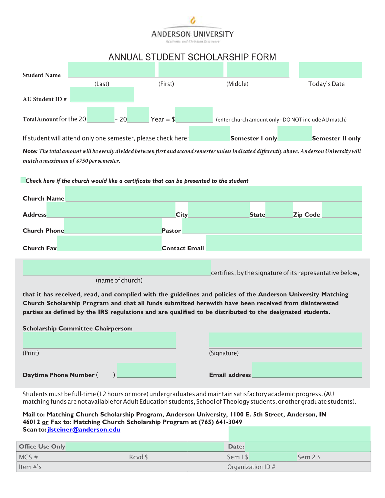 Annual Student Scholarship Form screenshot