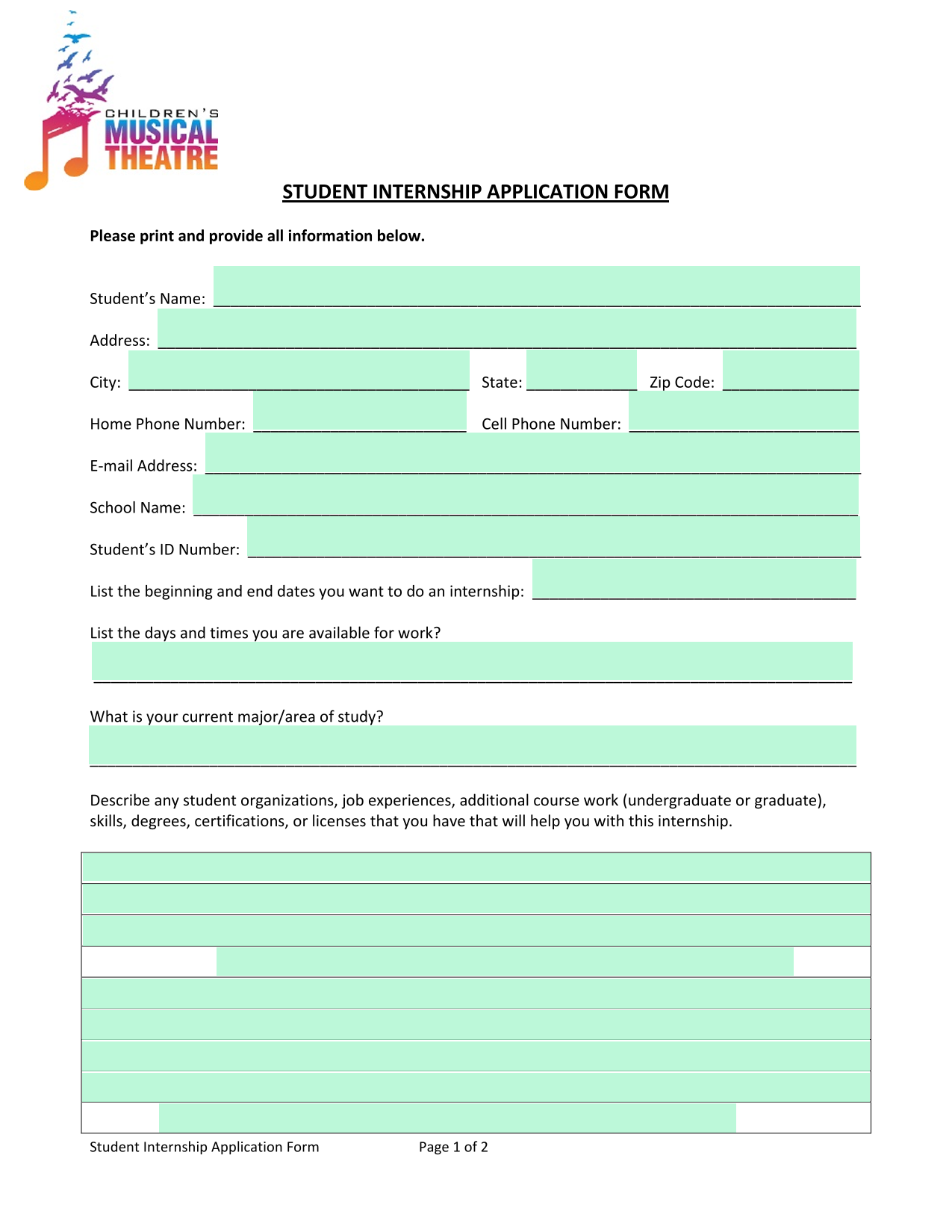 Student Internship Application Form screenshot