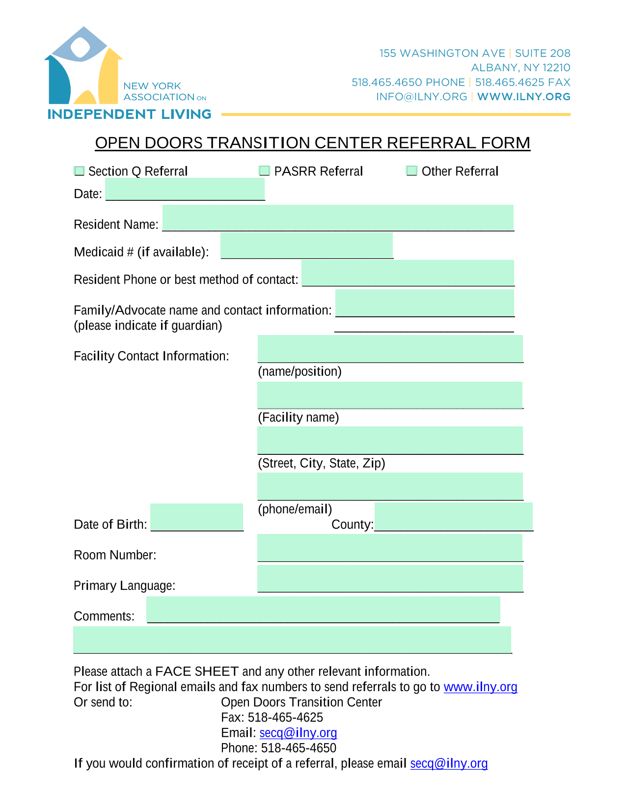 Open Doors Transition Center Referral Form screenshot