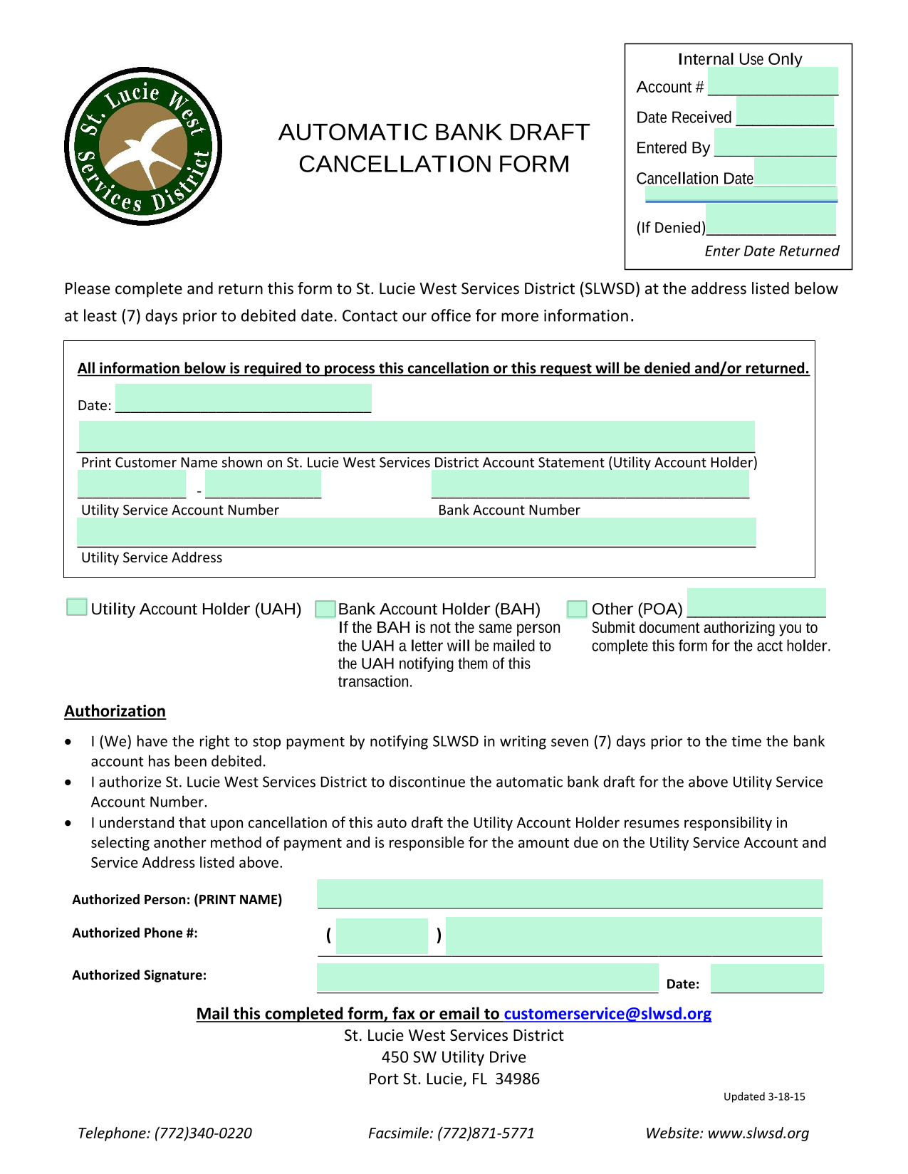 Automatic Bank Draft Cancellation Form screenshot