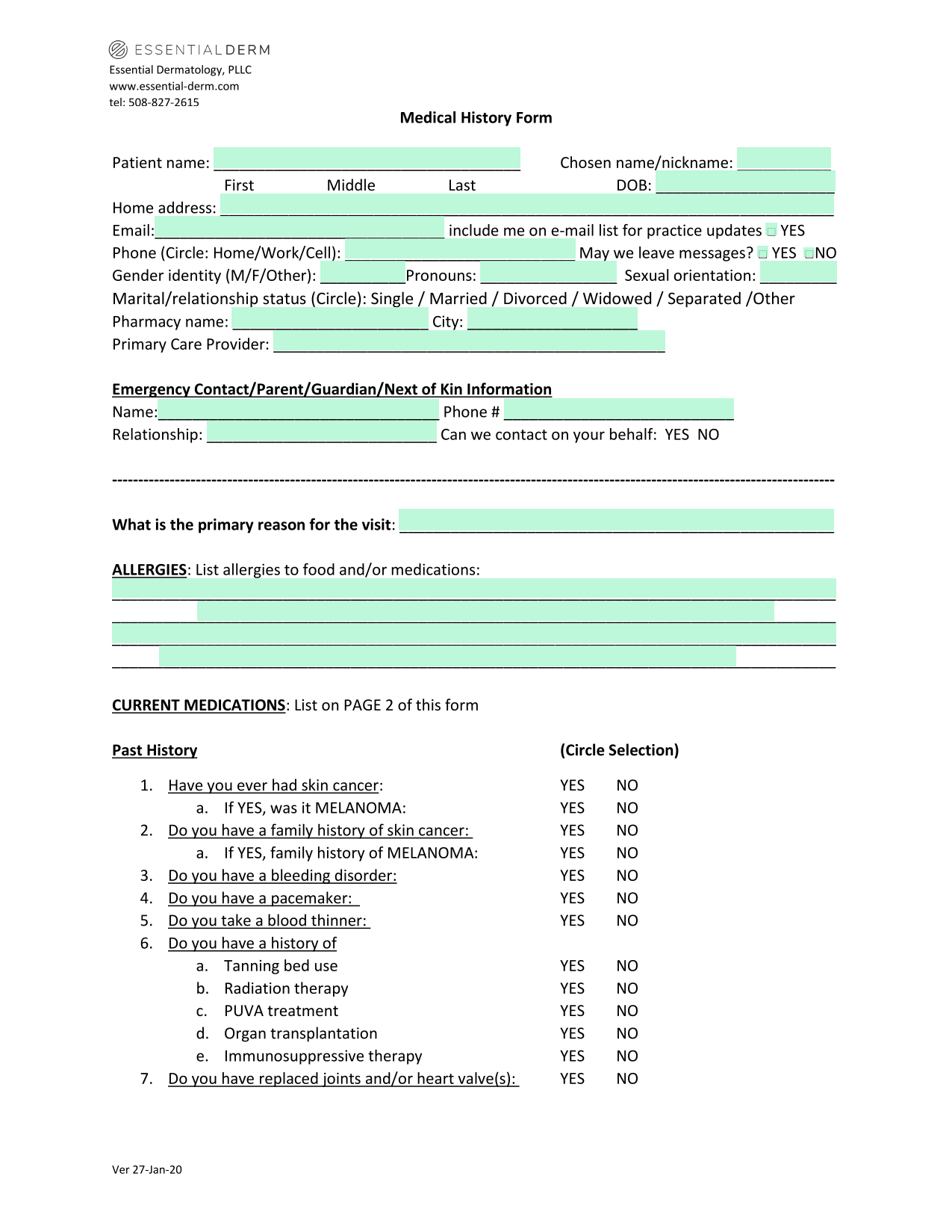 Medical History Form screenshot
