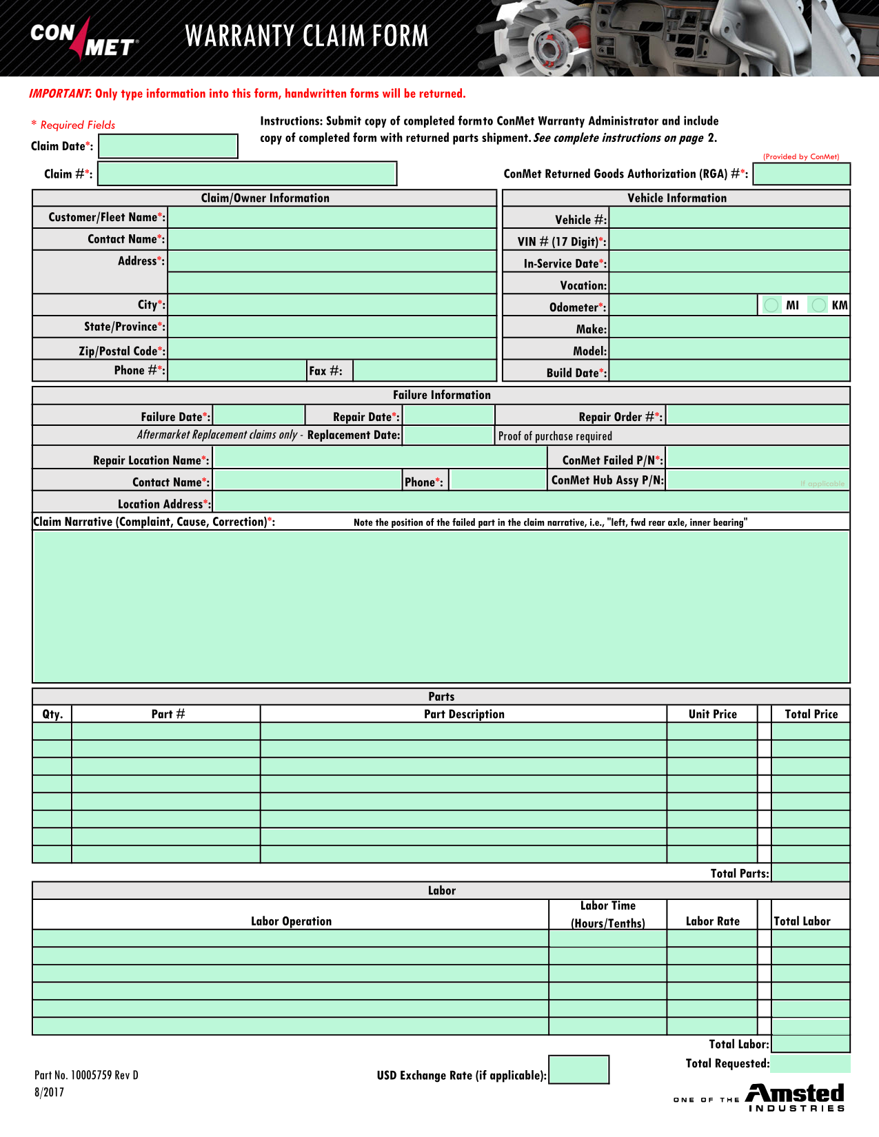 WARRANTY CLAIM FORM screenshot