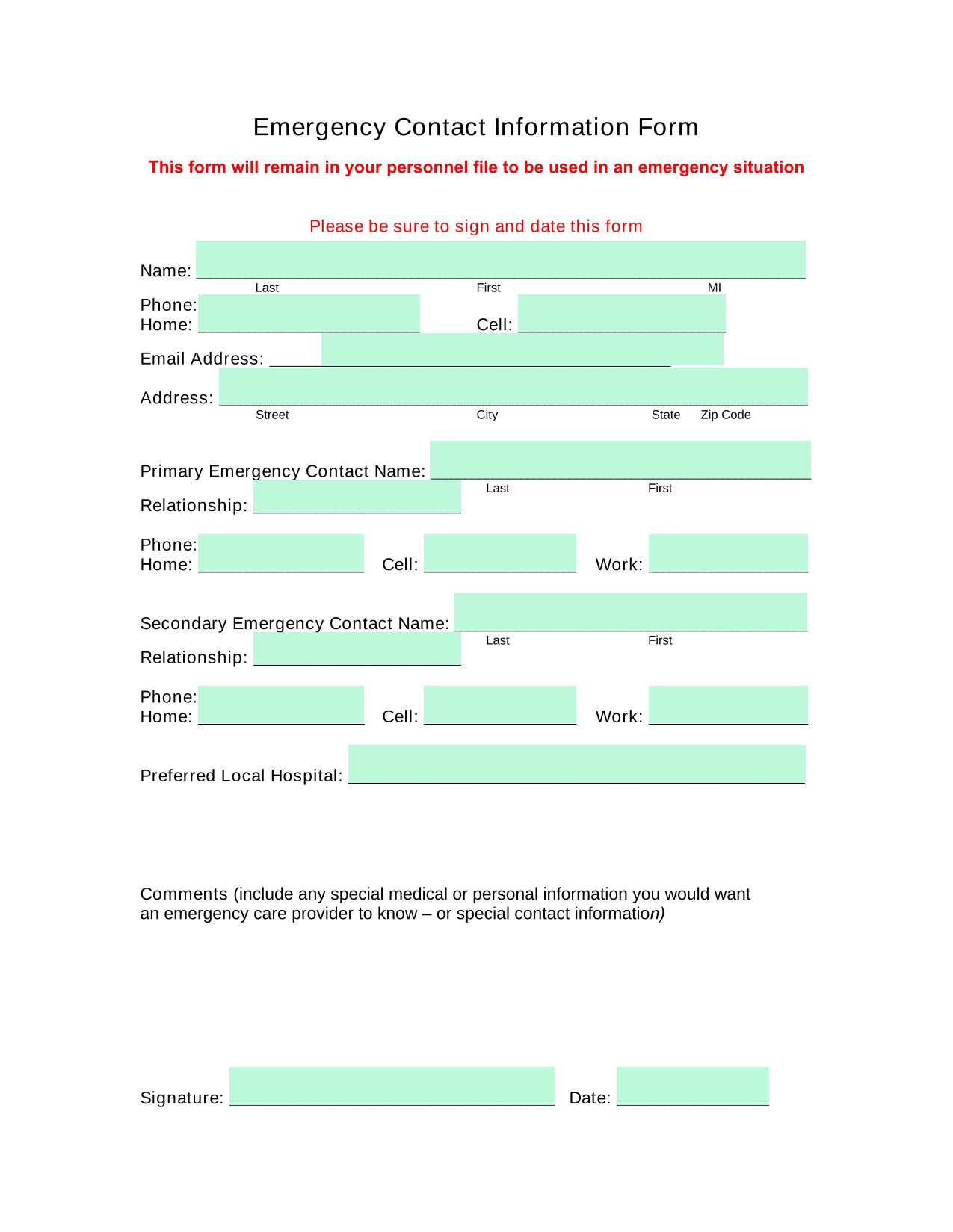 Emergency Contact Information Form screenshot