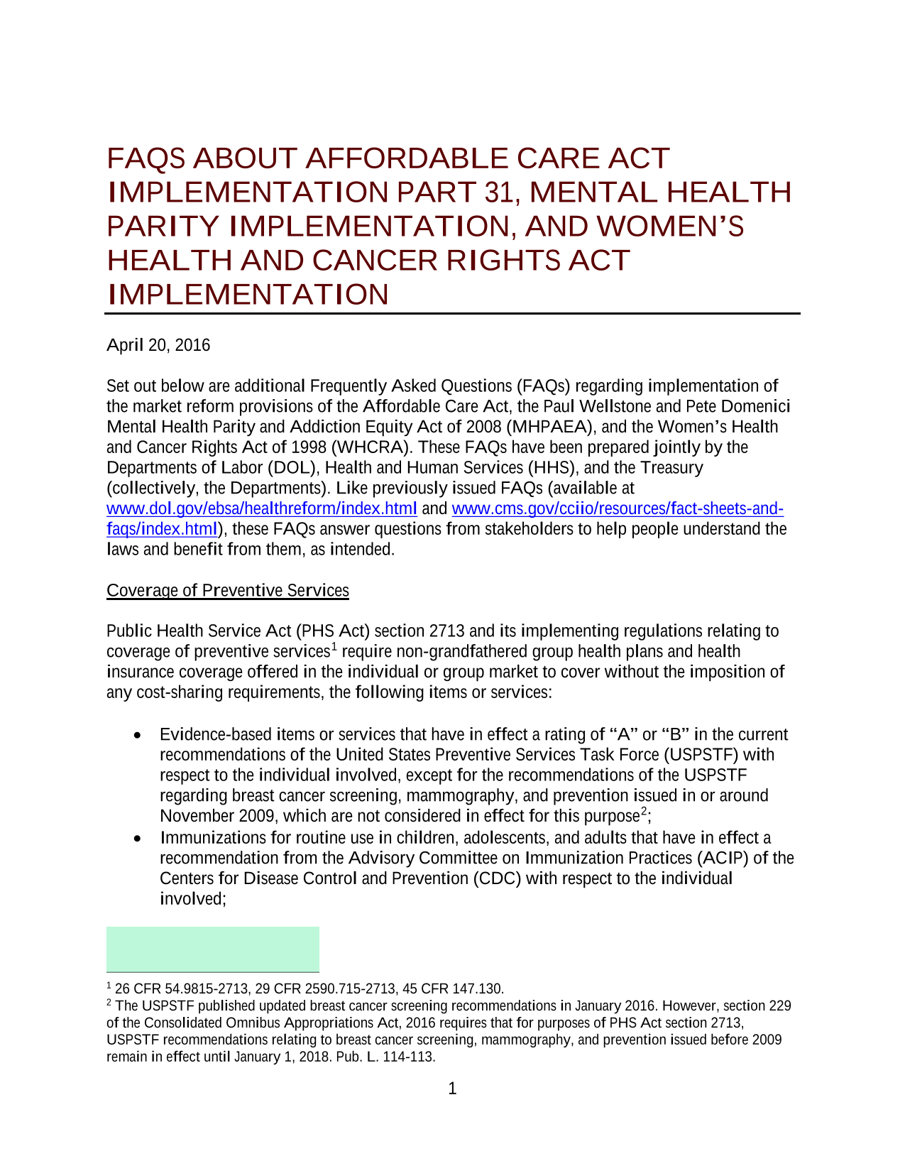 FAQs About Affordable Care Act Implementation Part 31, Mental Health Parity Implementation, And Wome screenshot