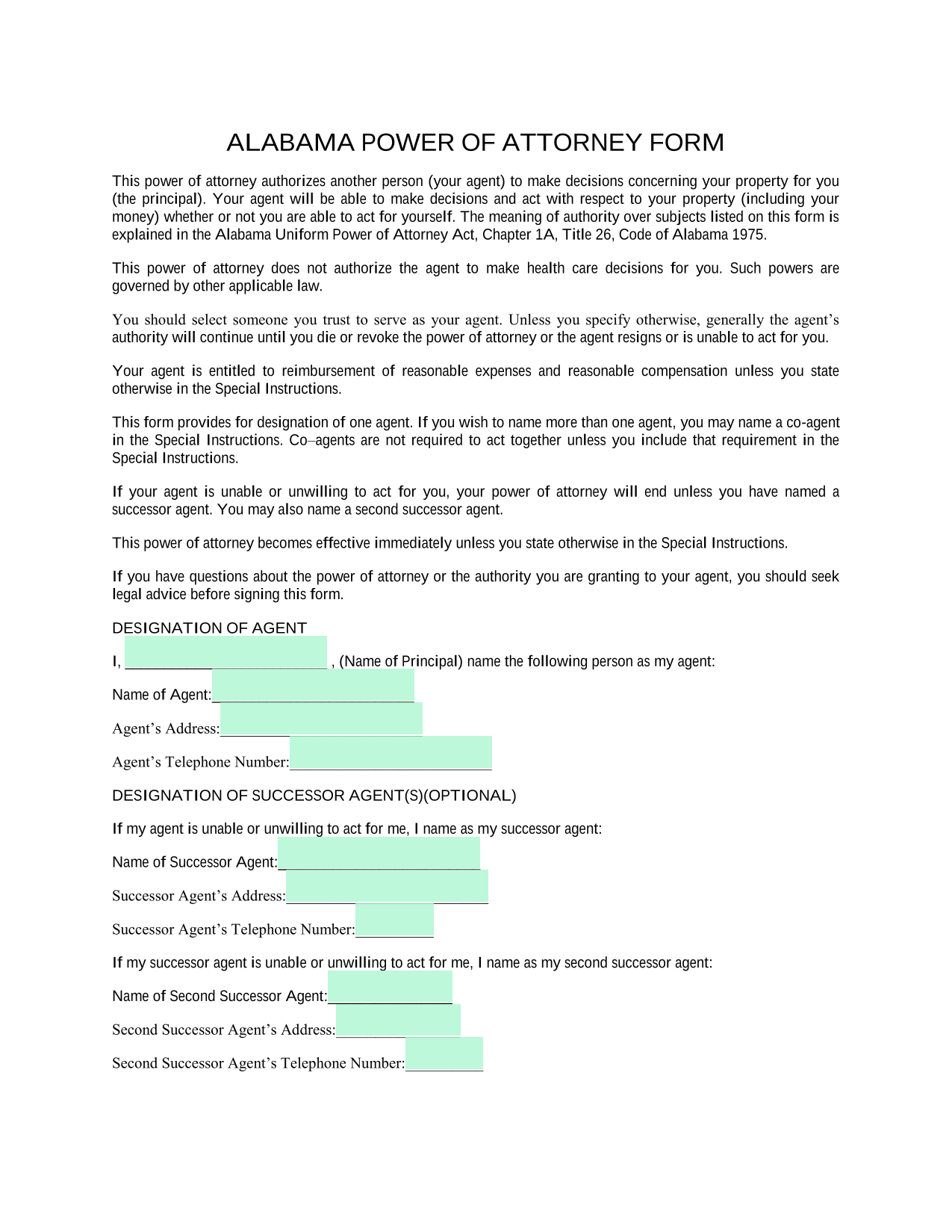 Alabama Power Of Attorney Form screenshot