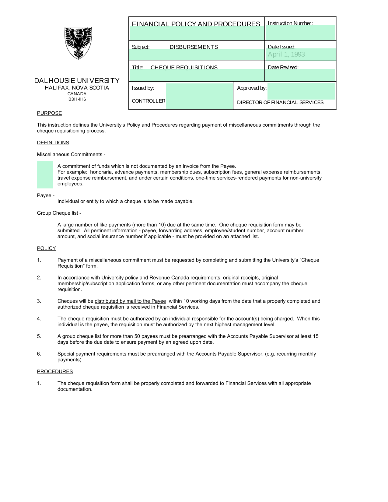 DALHOUSIE UNIVERSITY FINANCIAL POLICY AND PROCEDURES   CHEQUE REQUISITIONS screenshot
