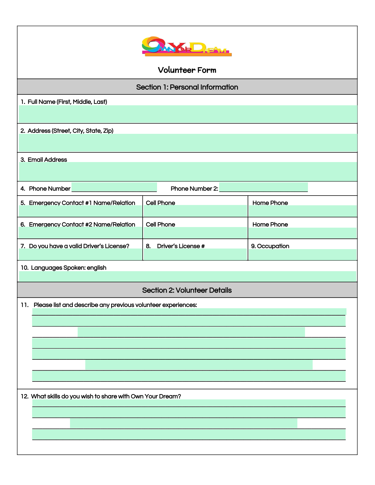 Volunteer Form screenshot