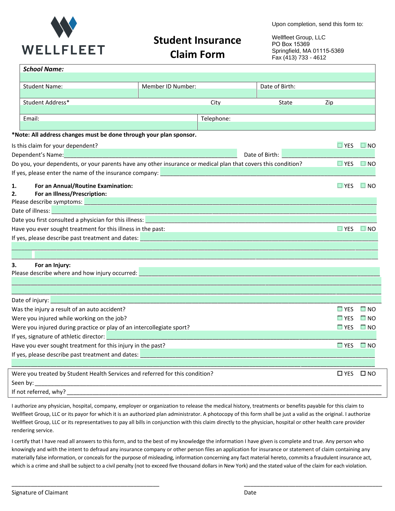 Student Insurance Claim Form screenshot
