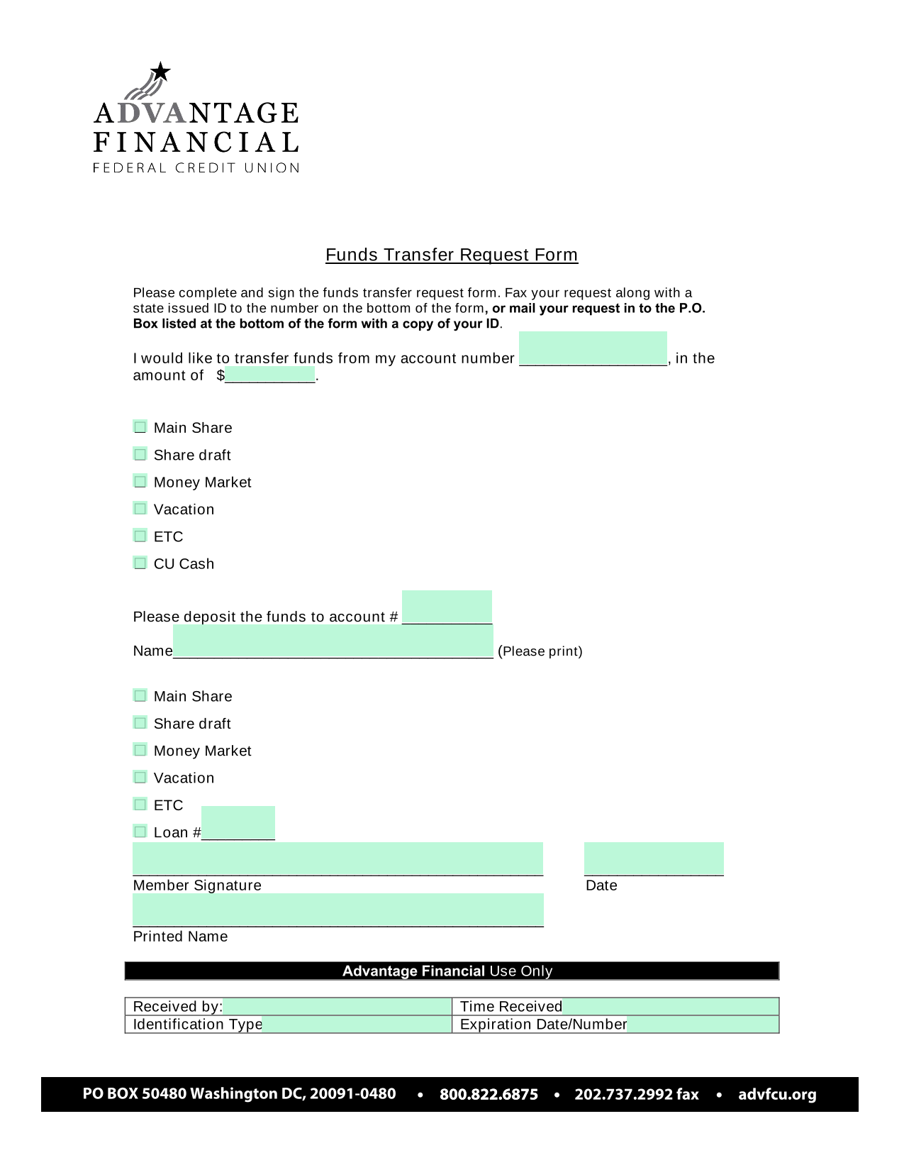 Funds Transfer Request Form screenshot
