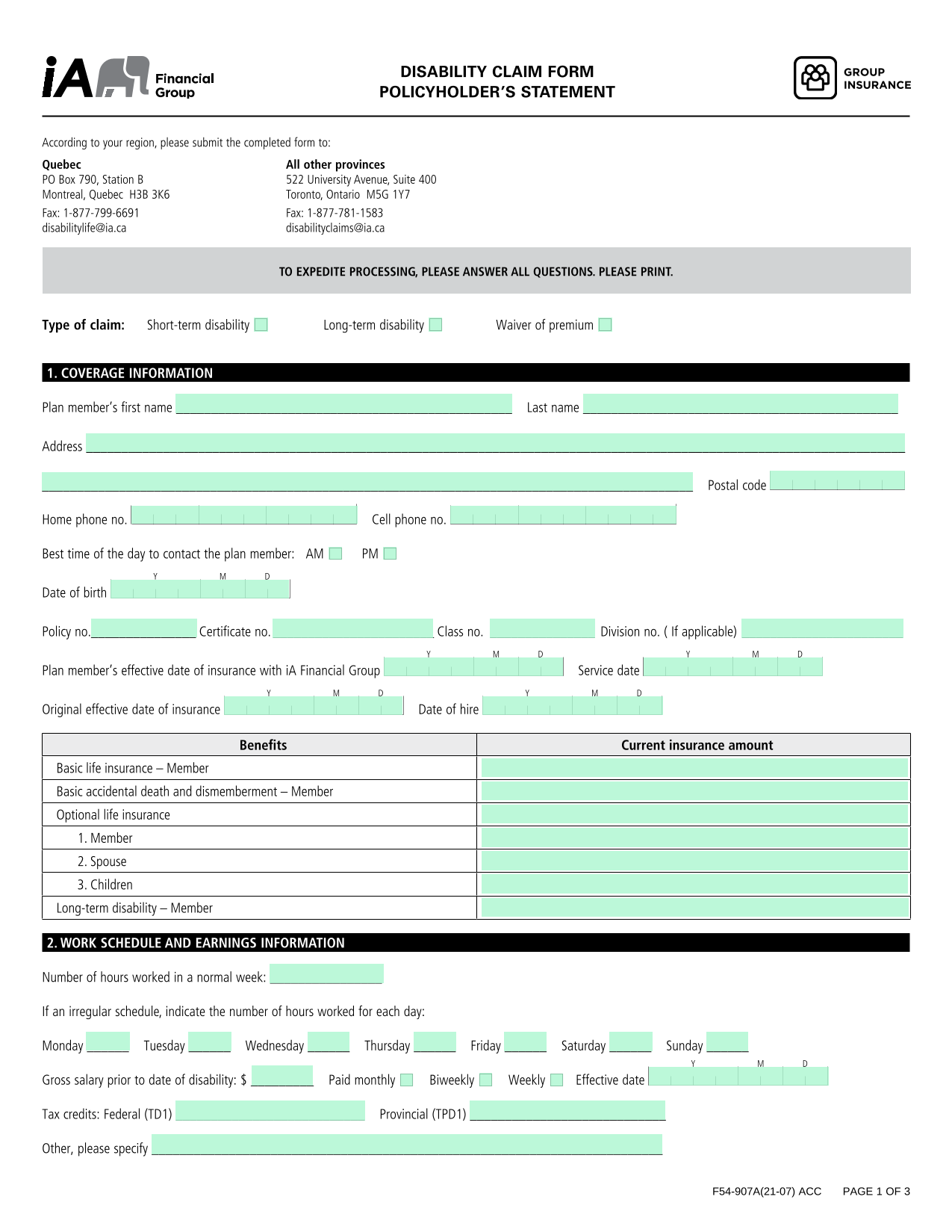 Disability Claim Form screenshot