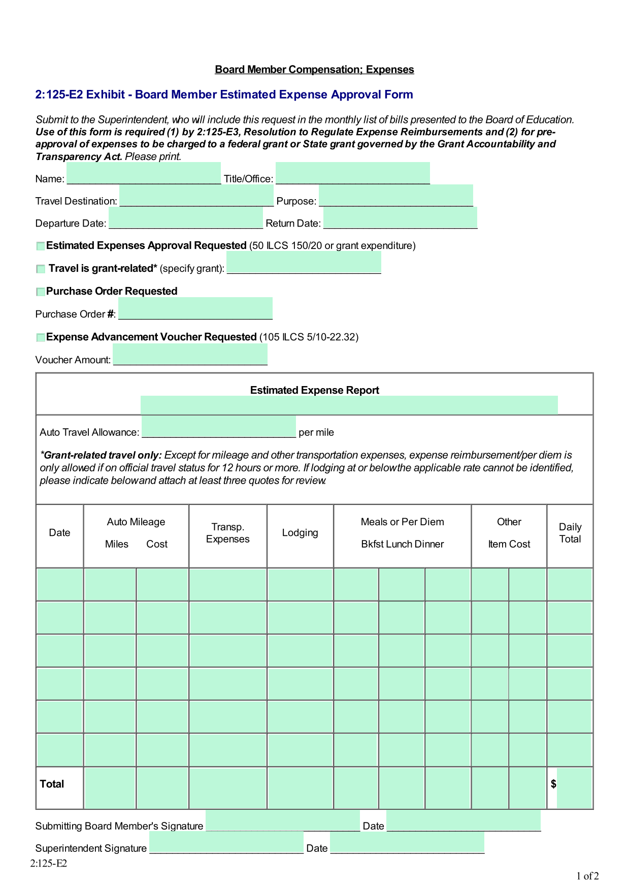 Board Member Estimated Expense Approval Form screenshot