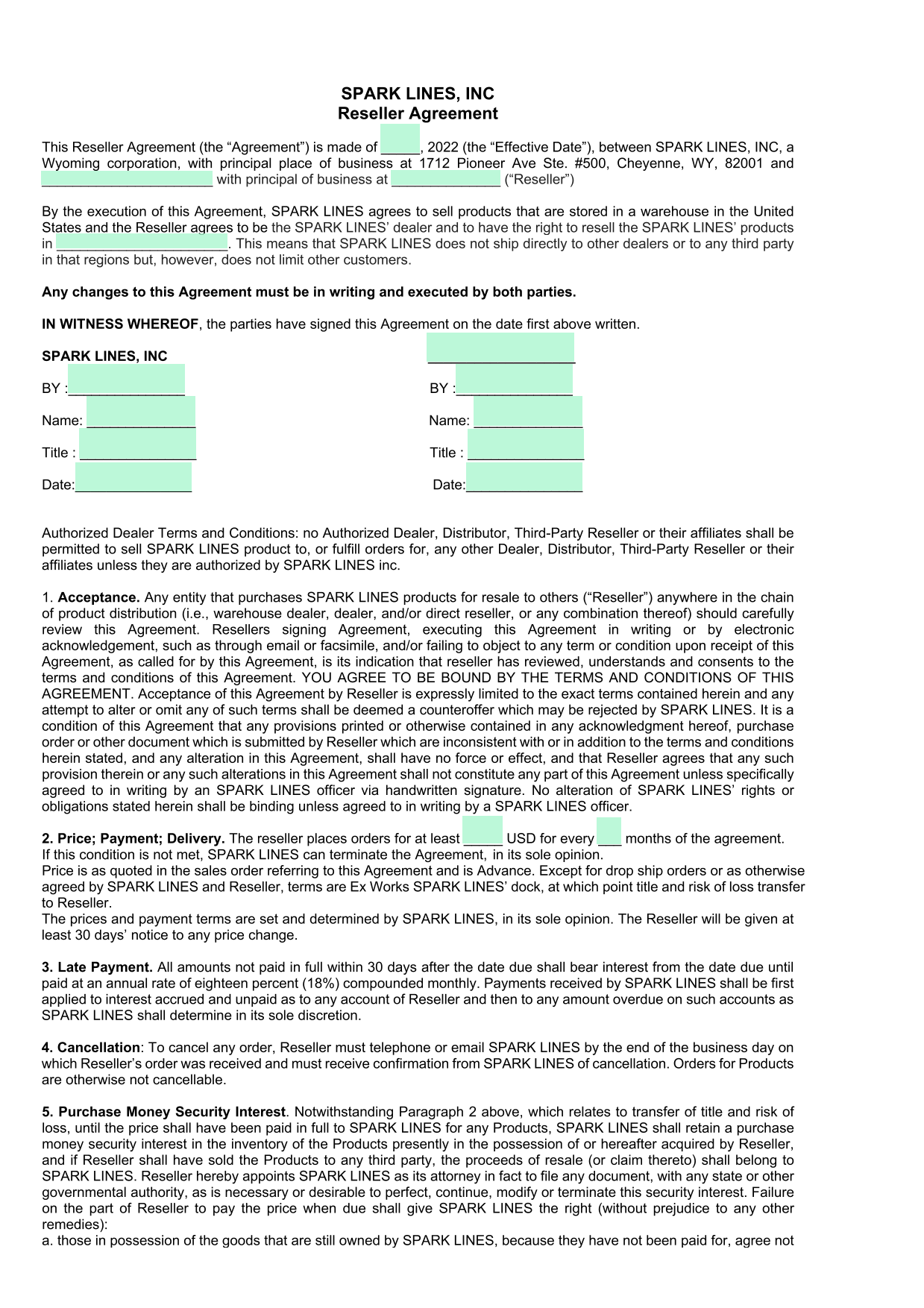 Reseller Agreement screenshot